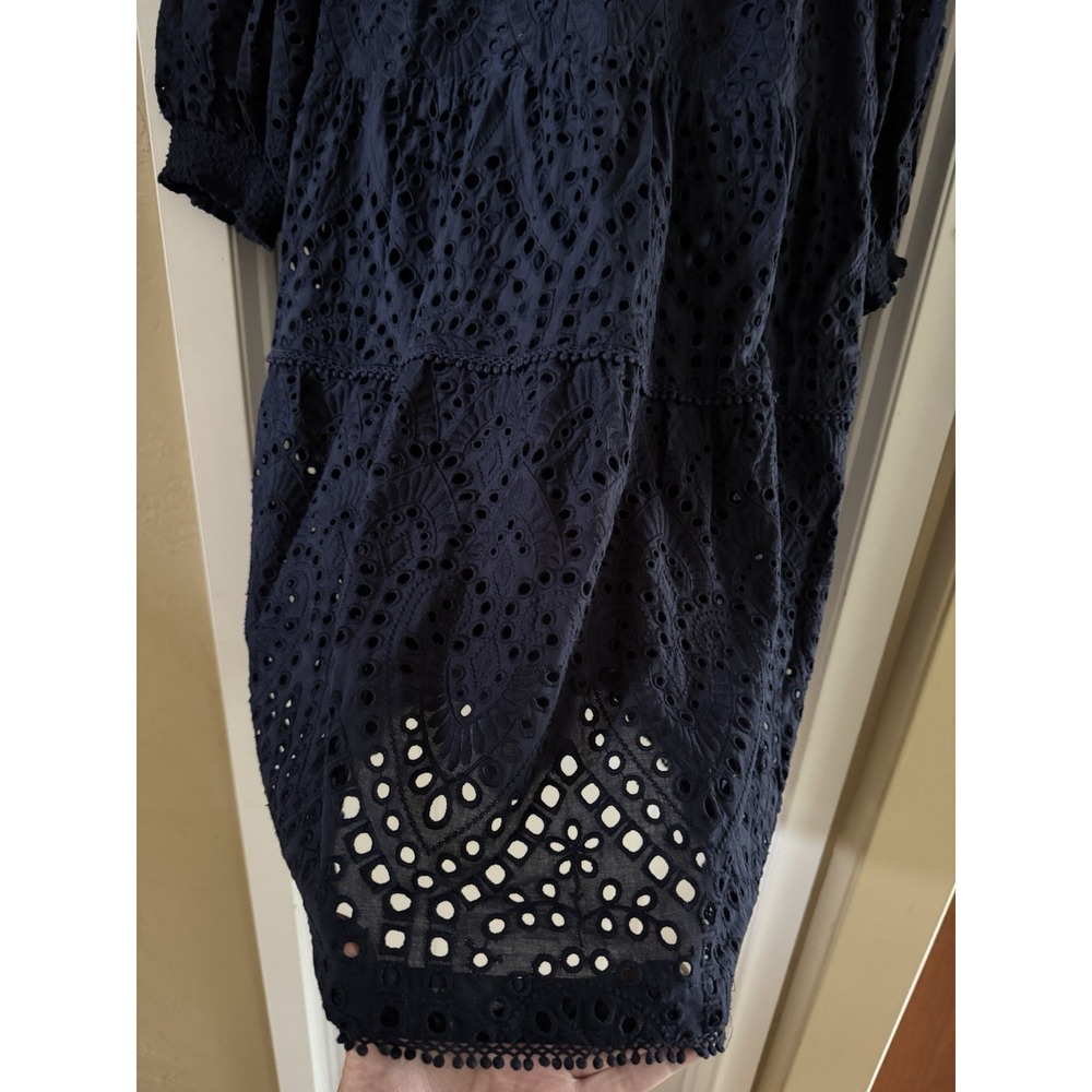 Chico's Navy Blue Eyelet Tiered Dress Size 14 100% Cotton, Lined, V-Neck - Picture 6 of 12